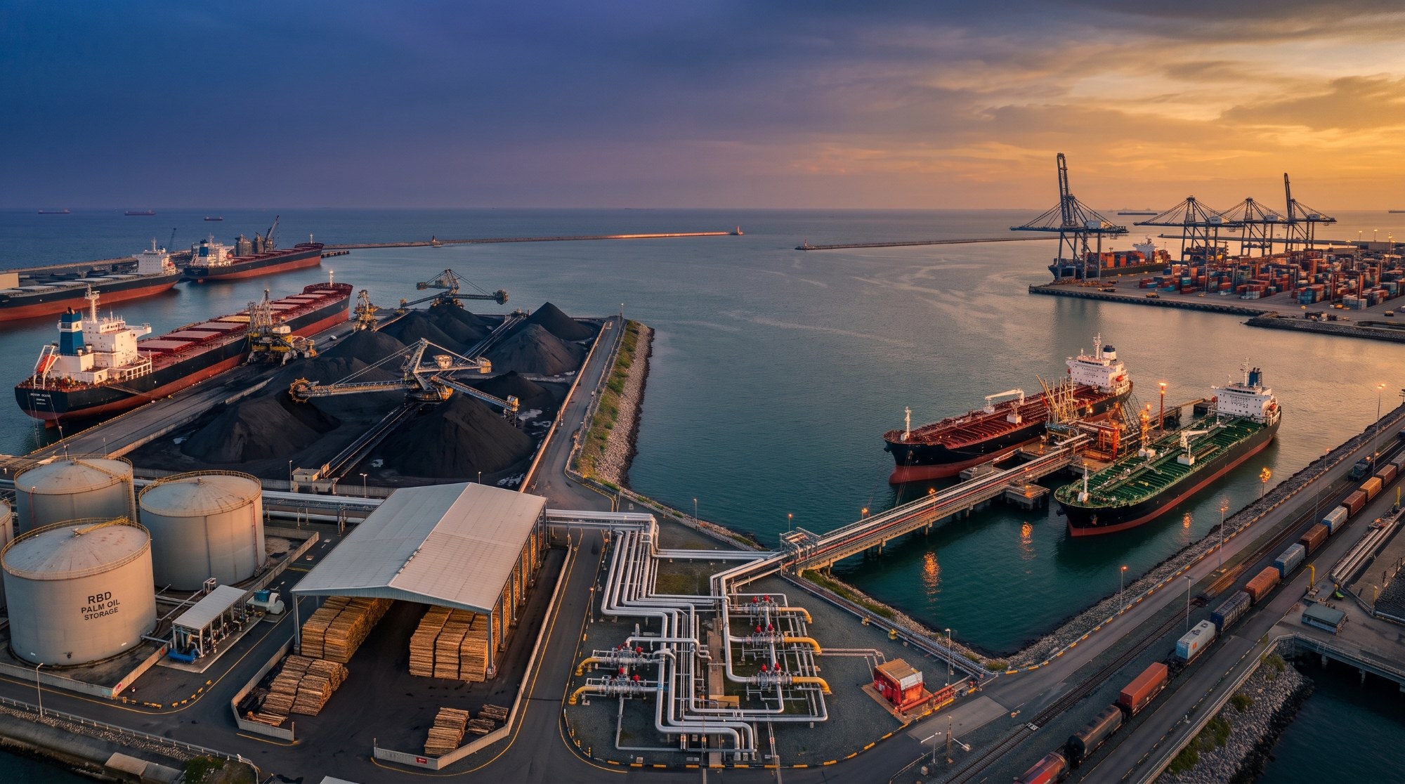 Aerial view of a bulk commodity port at dusk: palm oil storage tanks, coal stockpiles, sawn timber and tankers at berth