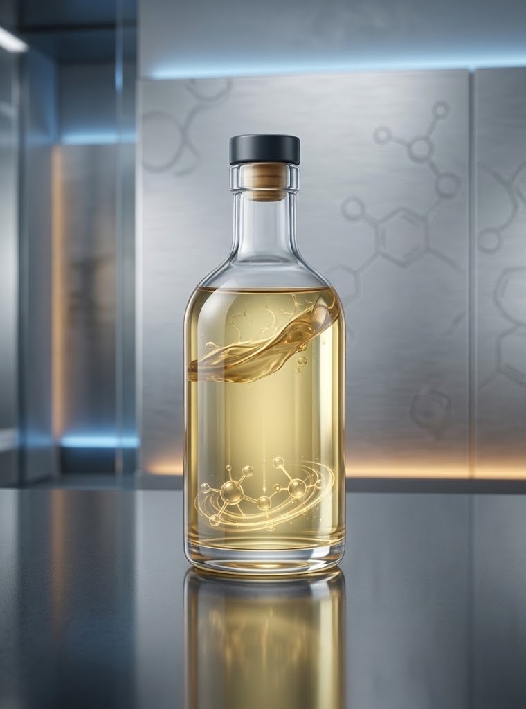 Refined palm oil in a laboratory bottle